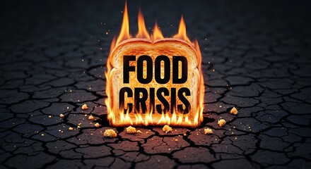 Burning toast labeled "FOOD CRISIS" against cracked earth background symbolizing scarcity