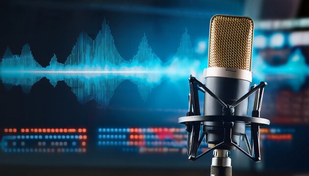 professional vocal microphone with audio editing software background and copy space for podcast or radio broadcast banner