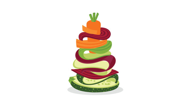 A festive conical stack of colorful vegetable ribbons including zucchini, cucumber, beetroot, and carrot, spirals upwards.