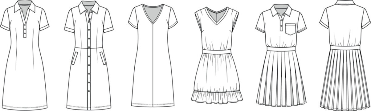 Vector set of women dress fashion flats and technical drawings including polo, shirt, and pleated styles for apparel design templates.