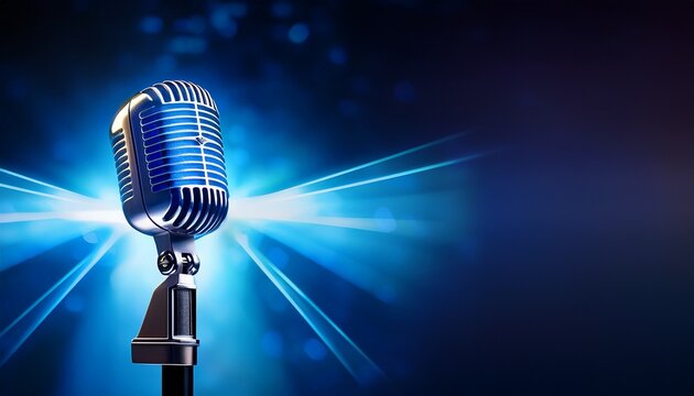 retro microphone in the dark with blue light from stage spotlights vintage mic on dark blue background for music live music festival karaoke or podcast banner with copy space