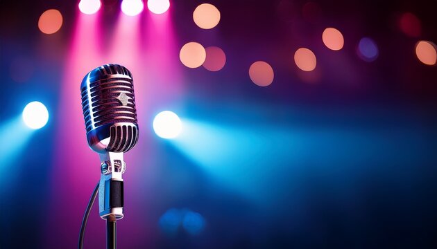 vintage vocal microphone in the dark on a concert stage with pink and blue spot lighting live music or podcast wide banner background with copy space