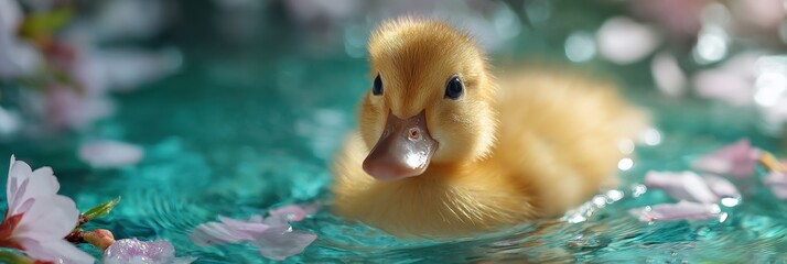Adorable duckling swimming among cherry blossoms in vibrant water