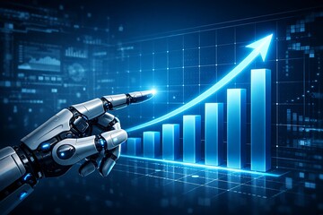 A robotic hand pointing to a growing bar chart with an upward trend arrow in a futuristic digital environment