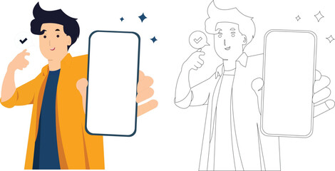 Young Man Holding Smartphone with Blank Screen and Check Mark Icon Vector Illustration