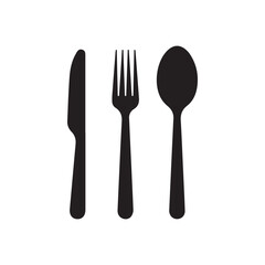 Minimalist black silhouette of a knife, fork, and spoon on a white background, symbolizing dining, food, or restaurant services.