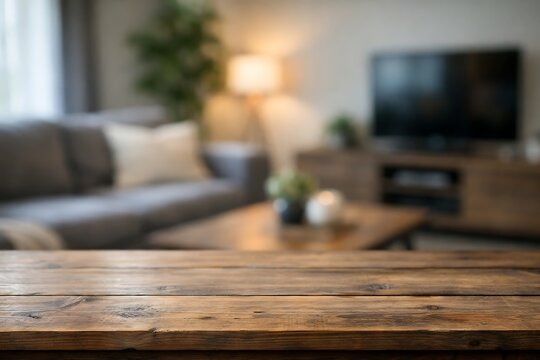 A blurred living room with a wooden coffee table in the foreground and a gray couch, TV, and lamp in the background.