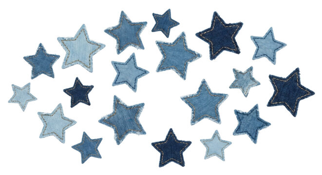 Denim Stars Collection: Array of Washed Blue Jean Star Shapes on White