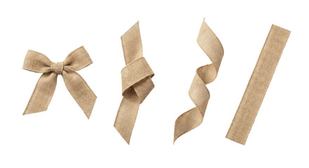 Burlap Ribbon Set: Bow, Knot, Swirl, and Straight Strip on White Background