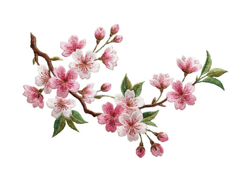 Pink Cherry Blossom Branch Embroidery: Delicate Floral Design