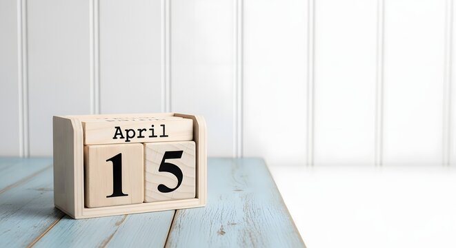 April 15 wooden calendar cube on light blue wooden surface minimalist date concept