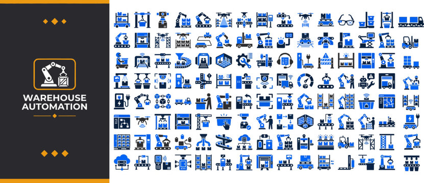 Warehouse Automation Duotone Vector Icons &mdash; Robot Arm, AGV, AMR, Conveyor, Drone, WMS, Robotic Picking, Smart Logistics, Industry 