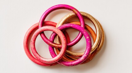 Fototapeta premium Three colorful wooden rings interlocked in a complex arrangement on a clean white background