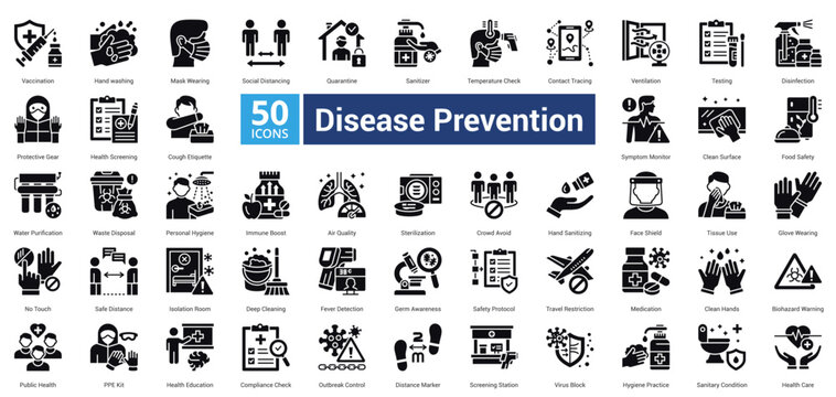 Disease Prevention icon set in glyph style contains 50 icons including clean surface, food safety, water purification, waste disposal, personal hygiene, immune boost and air quality icon