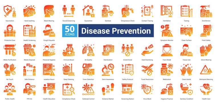 Disease Prevention icon set in glyph gradient style contains 50 icons including sterilization, crowd avoid, hand sanitizing, face shield, tissue use, glove wearing and no touch icon