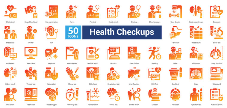 Health Checkups icon set in glyph gradient style contains 50 icons including running, urine, vision test, lung function, kidney check, thyroid test and vaccination icon