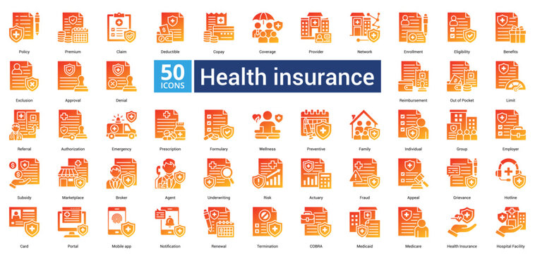 Health Insurance icon set in glyph gradient style contains 50 icons including wellness, preventive, family, individual, group, employer and subsidy icon