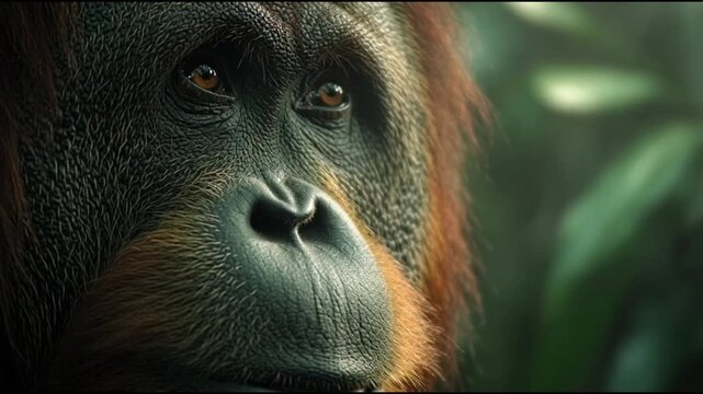 Close-up portrait of a thoughtful orangutan in its natural jungle habitat