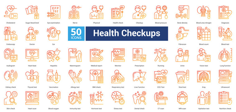 Health Checkups icon set in outline gradient style contains 50 icons including ultrasound, skin check, heart scan, blood oxygen, immunity test, hormone test and stress test icon