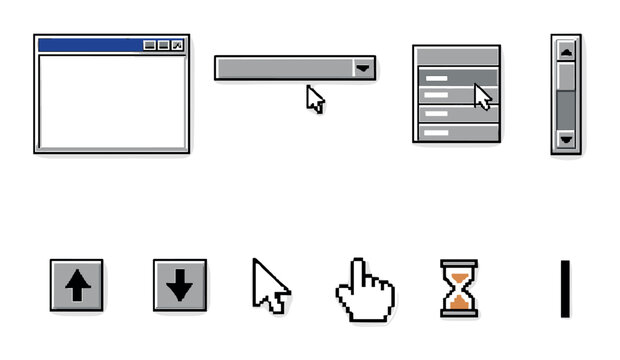 Desktop interface cursors and window controls on gray background