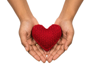 Obraz premium Hands Holding Red Knitted Heart on White
