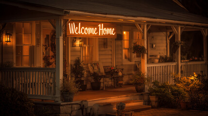 A nighttime view of a house with a warmly lit porch featuring a glowing Welcome Home sign, soft ambient lighting