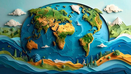 Hand holding creative world globe with continents and nature elements in watercolor style