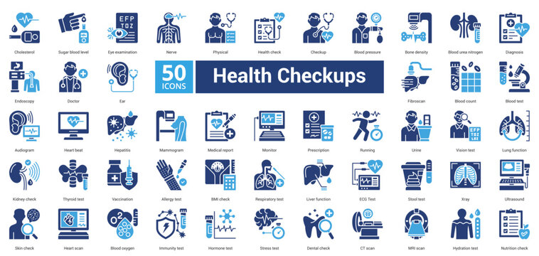 Health Checkups icon set in two color style contains 50 icons including health check, checkup, medical report, prescription, monitor, doctor and blood pressure icon