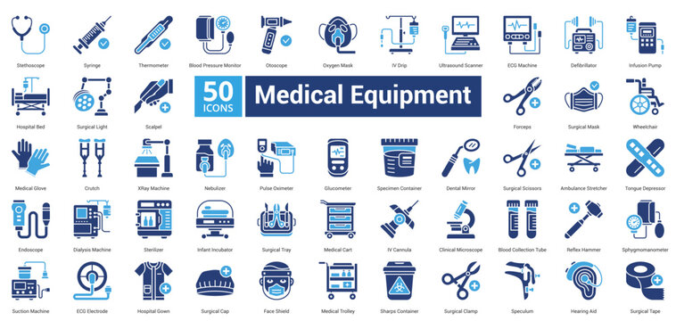 Medical Equipment icon set in two color style contains 50 icons including stethoscope, thermometer, otoscope, x-ray machine, clinical microscope, surgical mask dan oxygen mask icon