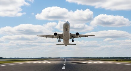 Obraz premium Passenger Airplane is Taking Off from the Airport Runway Under a Cloudy Sky