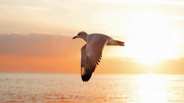 Seagull flying over ocean at sunset with golden sky