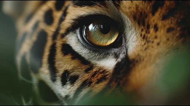 An intimate and powerful close-up portrait of a wild jaguar's striking golden eye, highlighting its intricate fur patterns and the focused intensity of its gaze in the jungle environment