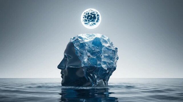 Conceptual image of a crystalline ice head emerging from water with a glowing orb symbolizing consciousness and the genesis of ideas, representing profound thought and clarity
