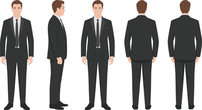 Corporate businessman character turnaround with front, side and back views, professional man in black suit and tie, full body flat vector illustration isolated