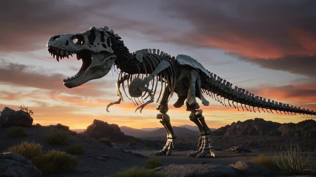 Tyrannosaurus rex skeleton stands in desert at sunset for a dramatic display of ancient history and natural wonder
