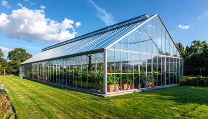 Obraz premium Modern Glass Greenhouse with Lush Plants in Sunny Garden Landscape