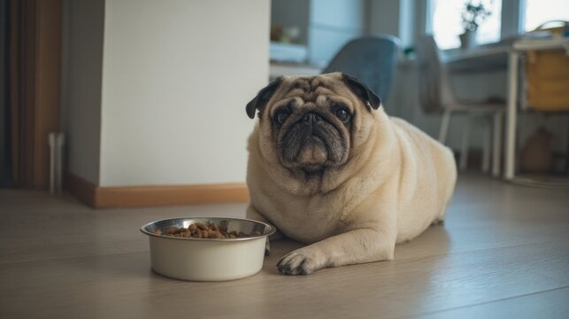 Cream-colored pug waits by full bowl, gazing ahead in a bright room with a tiled floor and other furniture