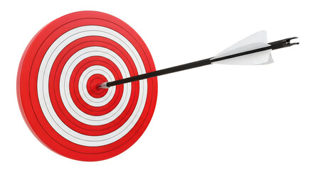 Red and white target with black and white arrow hitting bullseye isolated on transparent background