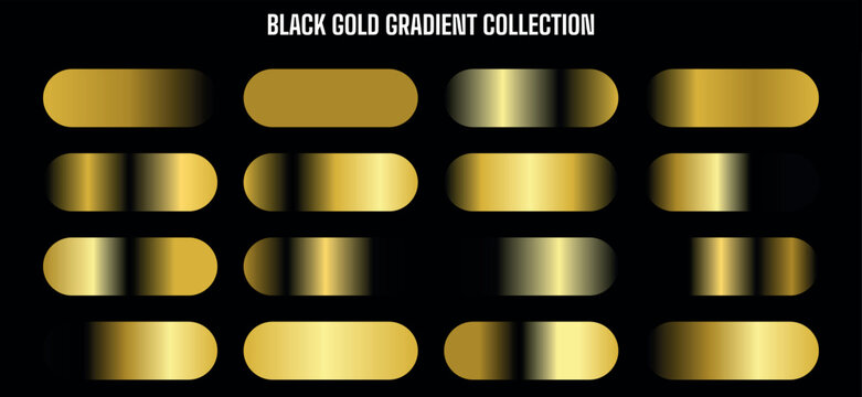 Vector black and gold gradient swatches collection, metallic shiny golden color palette for UI, web, app, branding, luxury design elements