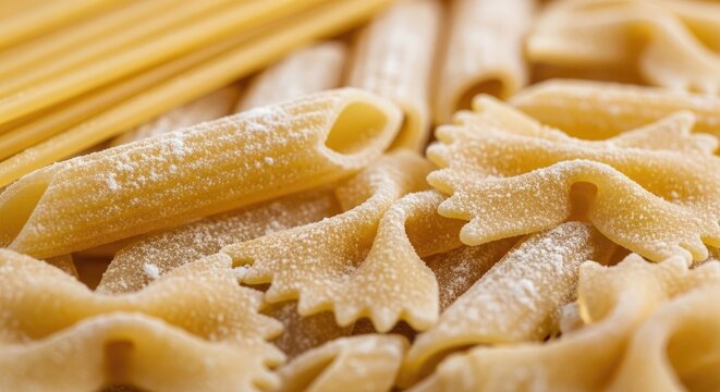 Close-up of various uncooked pasta types including penne, farfalle, and spaghetti.