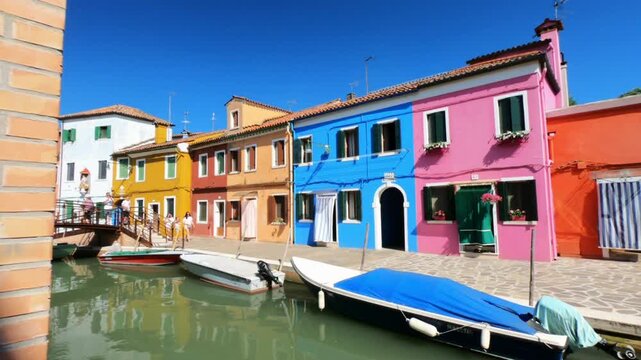 Burano / Venice / Italy - June 23, 2019: WALKING SHOT  A view along Riva dei Santi and Fondamenta di Terranova footpaths in Burano. Colorful houses and boats moored in the waterway.