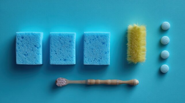 Arrangement on turquoise. Three blue sponges, yellow brush, pills, and bamboo toothbrush arranged in a line, against a solid blue background