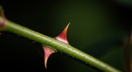 Obraz premium Close-up of a sharp red thorn on a green rose stem against a dark background.