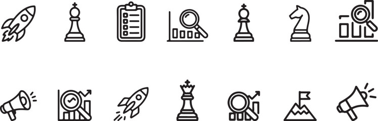 Business Strategy Icons Set - Chess Pieces, Rocket, Graph Analysis, Megaphone Vector . 

