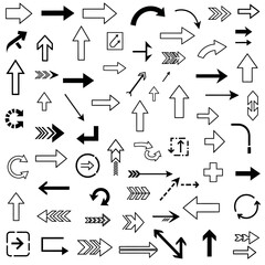 Diverse collection of black outline and solid arrow icons pointing in various directions on an isolated white background, perfect for UI and navigation.