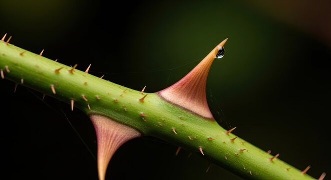 Close-up of a rose stem with sharp thorns and a water droplet.