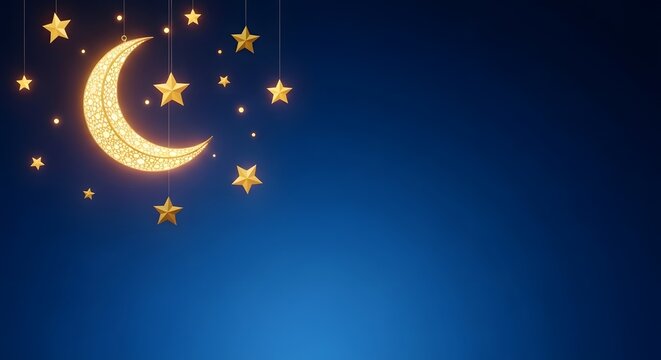 Glowing golden crescent moon and stars on blue background with copy space for greeting.