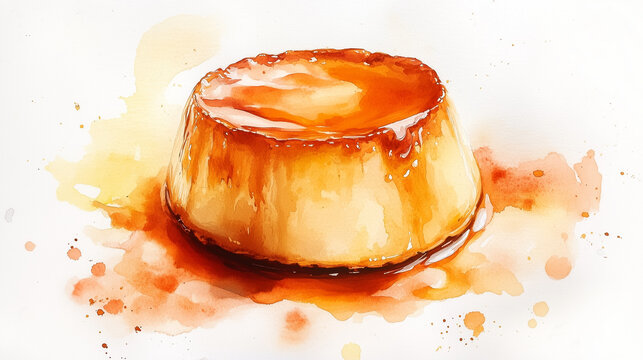 Delicious dessert, caramel flan, bright colors, artistic watercolor style