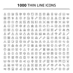 Extensive collection of 1000 essential thin line icons for various applications on isolated white background.