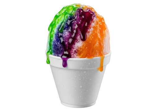 A perfectly shaped snow cone with dripping layered neon green, purple, and orange syrups in a frosted styrofoam cup, isolated on a transparent background. Concept for cold summer dessert advertisement